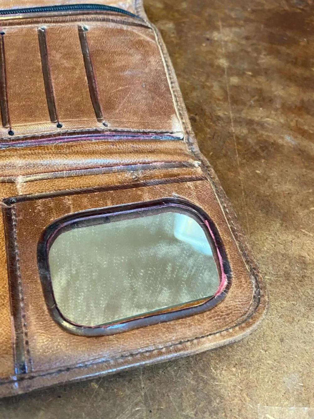 50s 60s Handmade Mexican Wallet Brown Leather Tooled Aztec Calendar Vintage